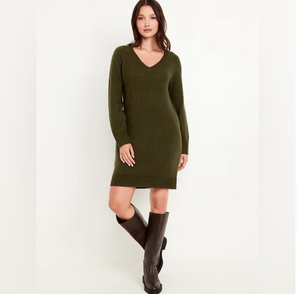 Old Navy SoSoft Olive Green V-Neck Knit Sweater Dress Womens Medium Pullover